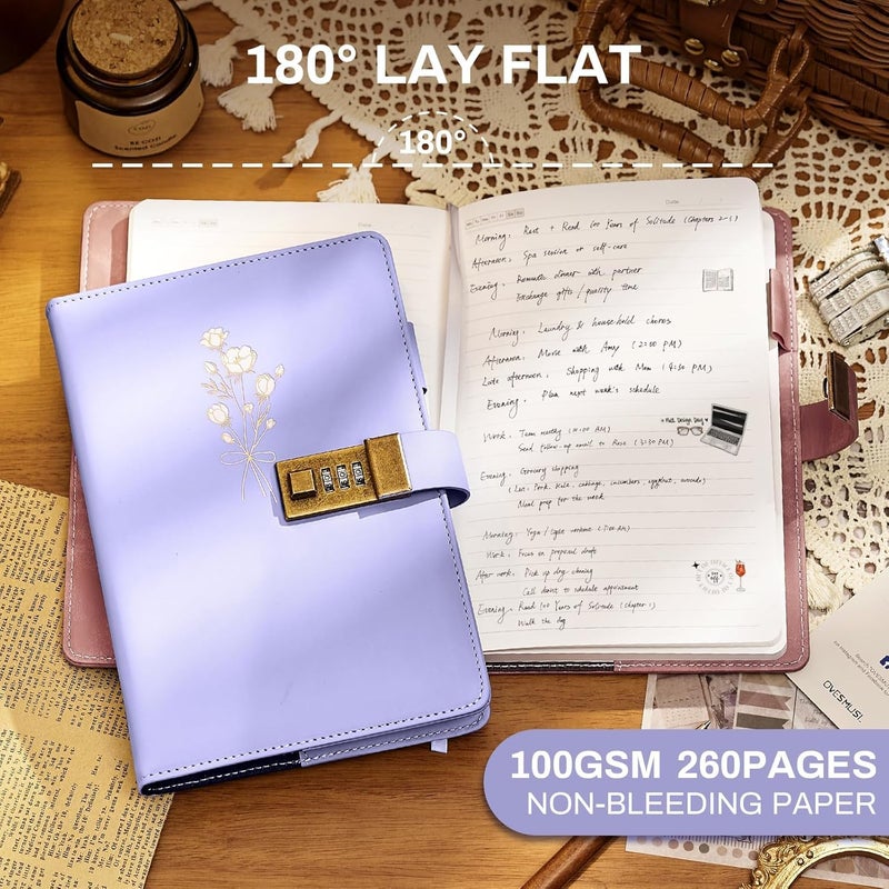 Ovesmusl Diary with Lock for Girls A5 Leather Diary for Women 260 Pages 100 GSM Refillable Journal with Lock for Teens Secrets Flower Journals with Combination Passwords, 5.7"x8.3", Purple - Image 4